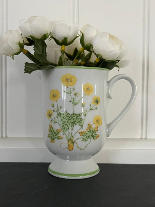 Vintage c.1970s Royal Domino Floral Pedestal Mug Set | “Sunrise” & “Wild Daisy” Porcelain Coffee Cups | Cottagecore Mug Pair Made in Japan