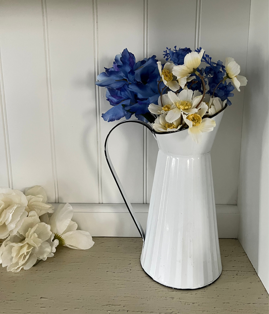 1990s–2000s Vintage Farmhouse Style, Tall White Enamelware Pitcher with Black Trim