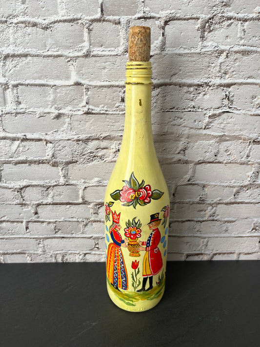 Hand-Painted Folk Art Wine Bottle Vase, Yellow Floral Scandinavian Style Decor, Vintage 750ml Glass Bottle
