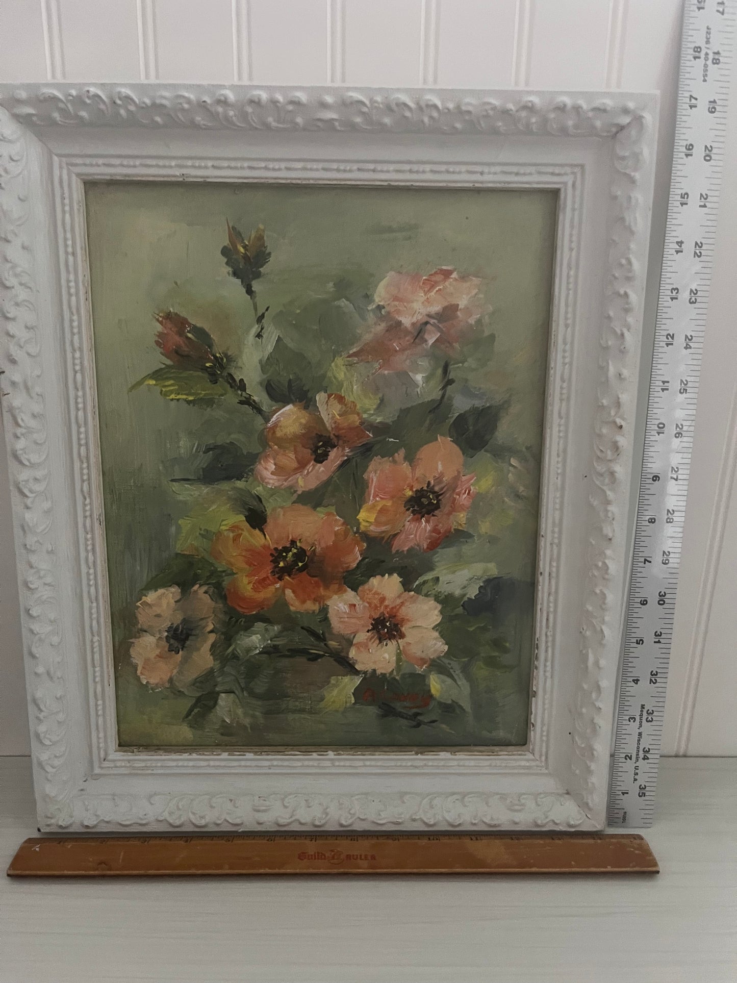 Vintage Original Orange Poppies In Green Oil Painting in White Weathered Frame