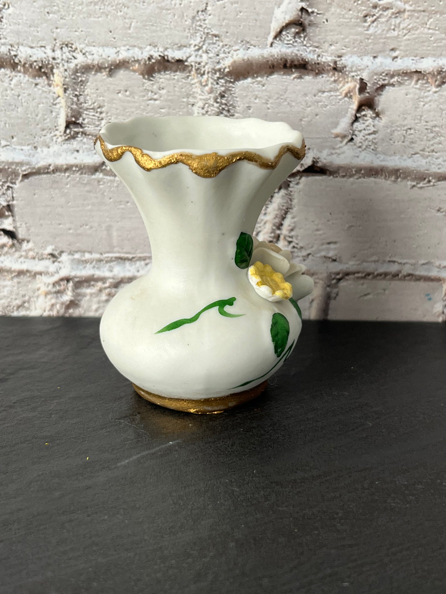 Vintage 1970s Mini Floral Vase White bisque Porcelain Bud Vase with Capodimonte style applied Roses – Made in Taiwan Gold Trim