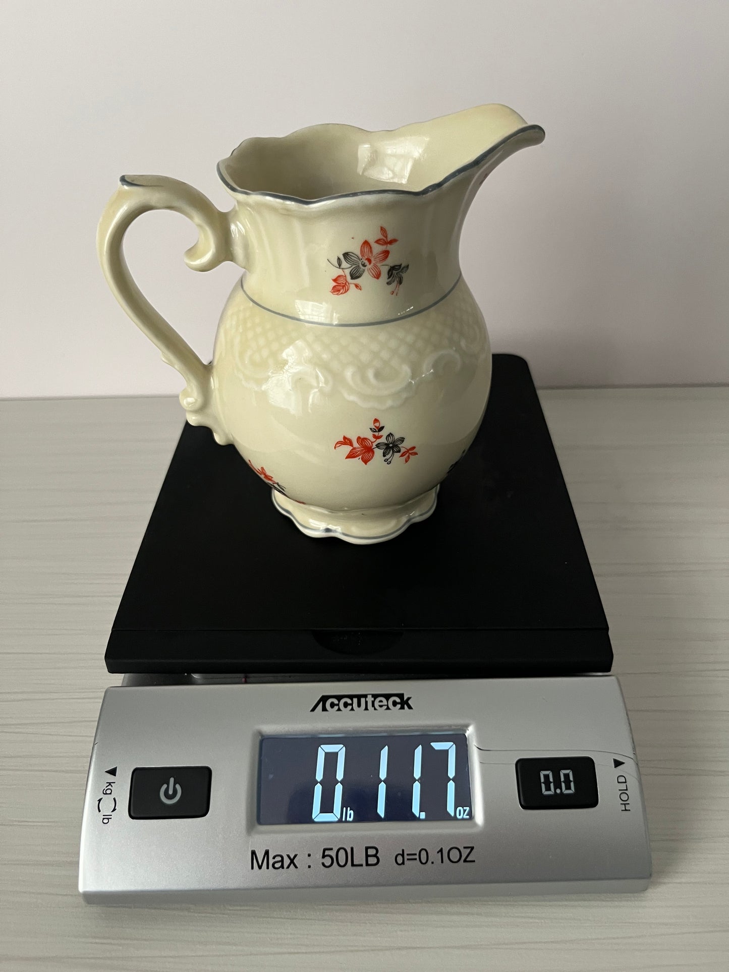 Vintage 1940s–1950s Cream Ceramic Floral Pitcher – Red & Black Wildflower Sprig Pattern – Cottage Farmhouse Style Milk Pitcher