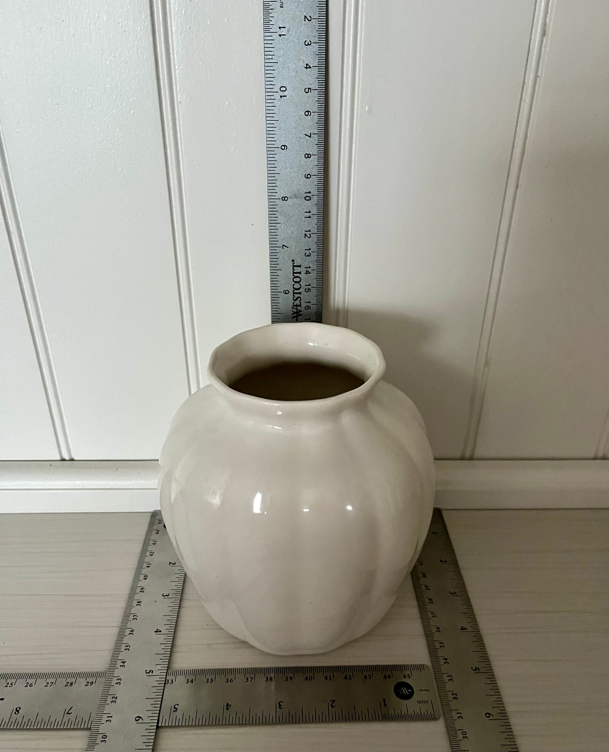 Vintage circa 1990’s  Ivory White Fluted Ceramic Vase | Rounded Cottage Pottery Vase