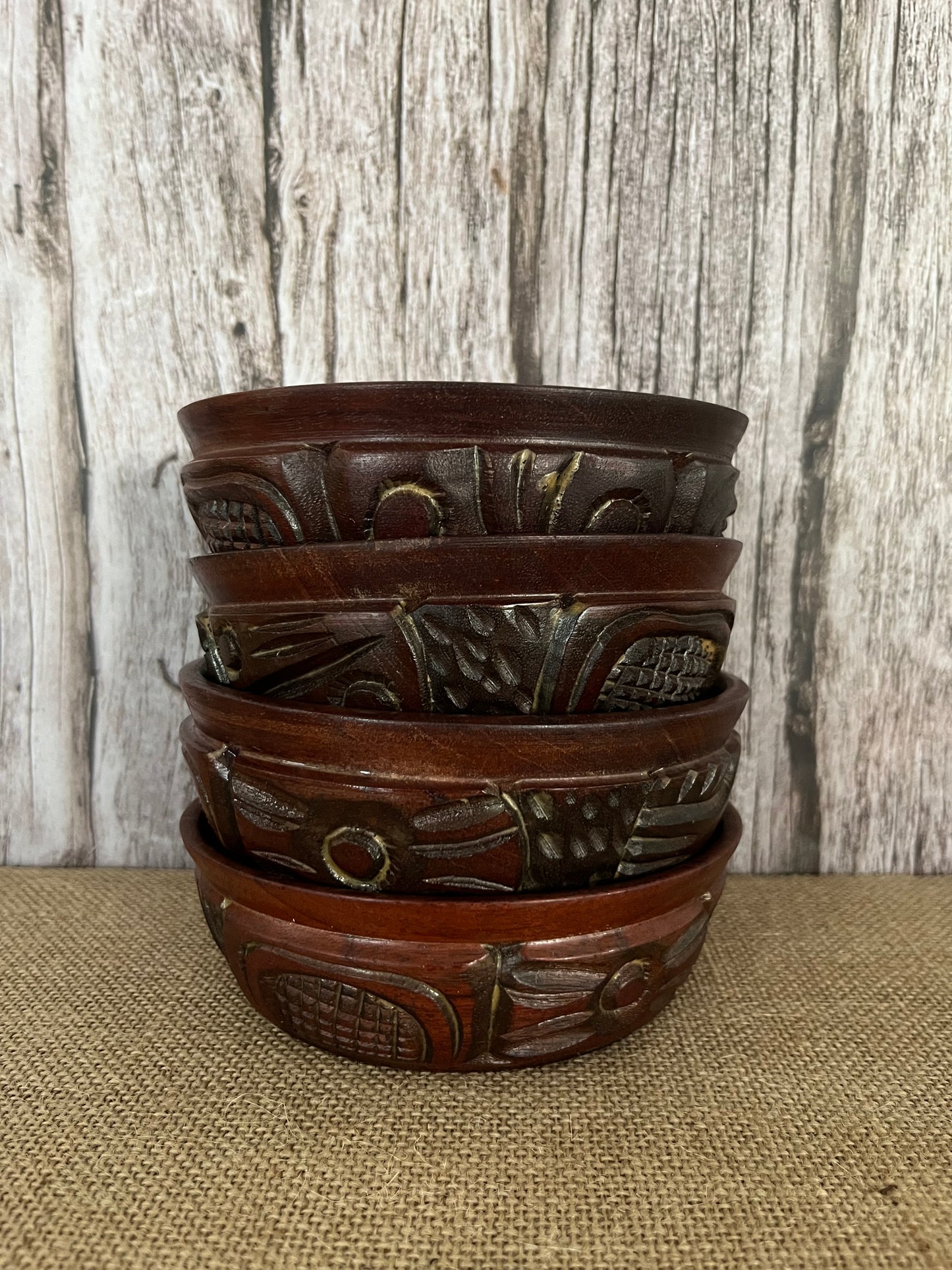 Hand Carved Vintage Teak Wood Bowls Set of 4 - Aloha Tiki Islands Fusion Theme | Mid-Century Modern Artisan Craft