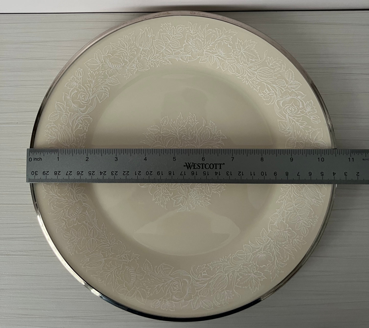 Vintage 1970’s Lenox “Cenova Valera” 10” Dinner Plate – Ivory China with Platinum Rim & White Floral Etching – Mid-Century American Fine China