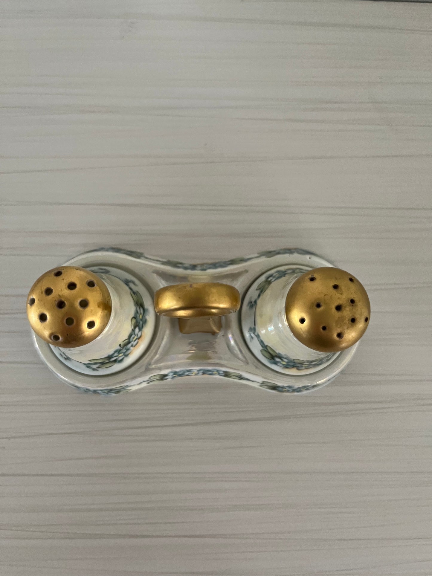 Vintage Early 1900s Lusterware Handpainted Forget-Me-Nots Salt and Pepper Shakers on Carrier, Gold Painted Accents