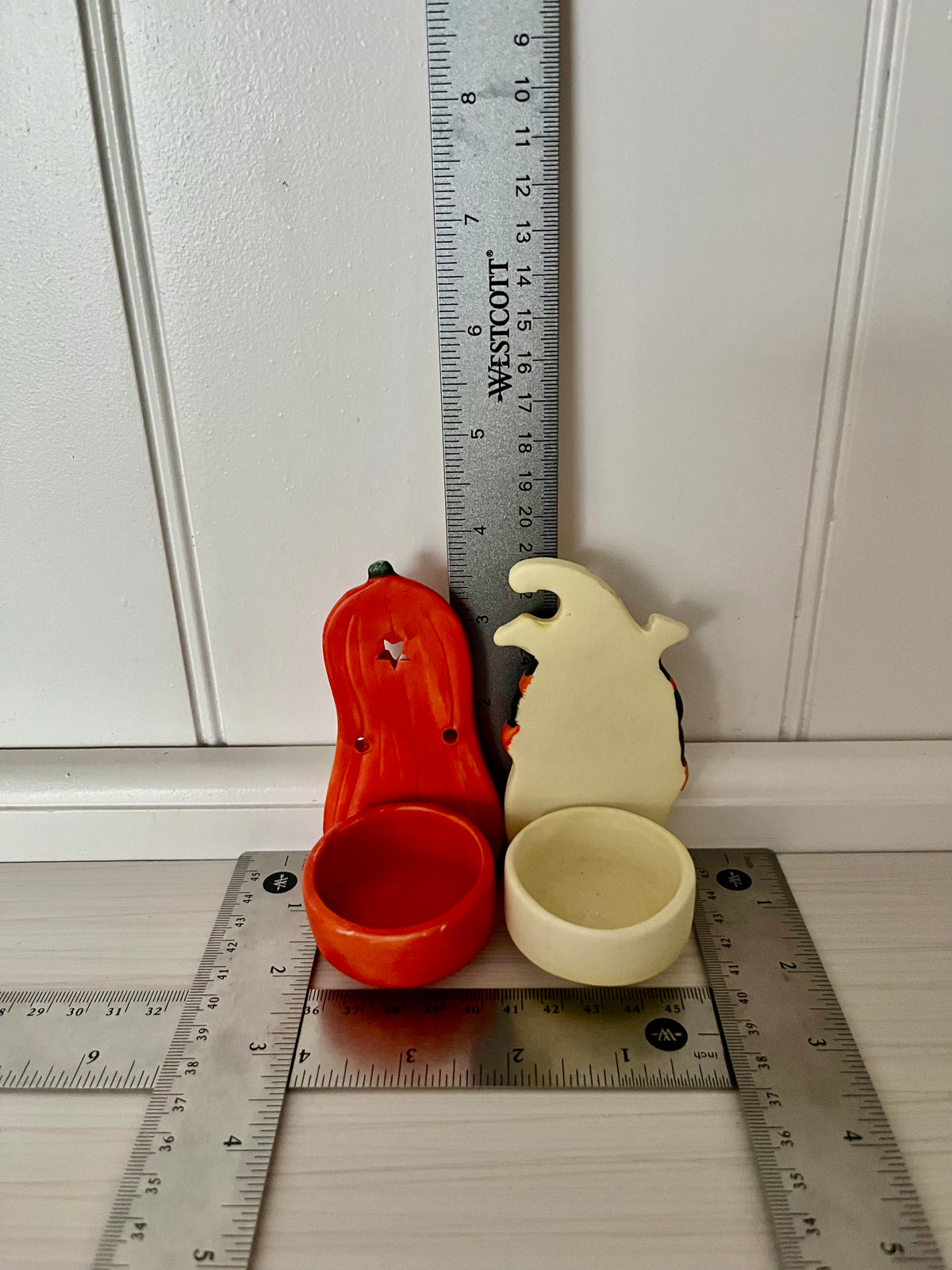 Vintage Trick or Treat! Halloween Ghost & Pumpkin Tealight Candle Holder Pair