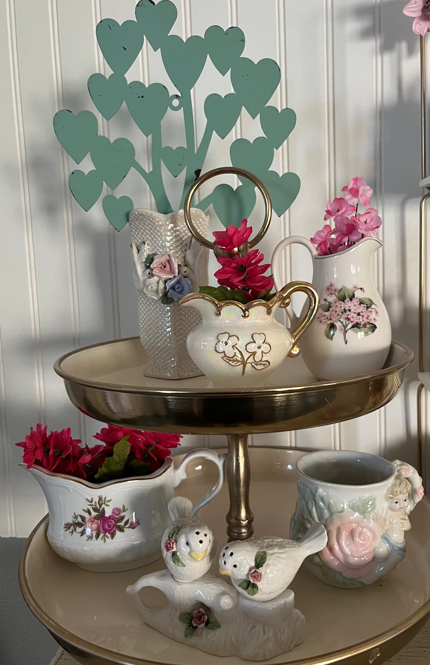 Vintage Applied Doves & Flowers Iridescent Porcelain Vase
