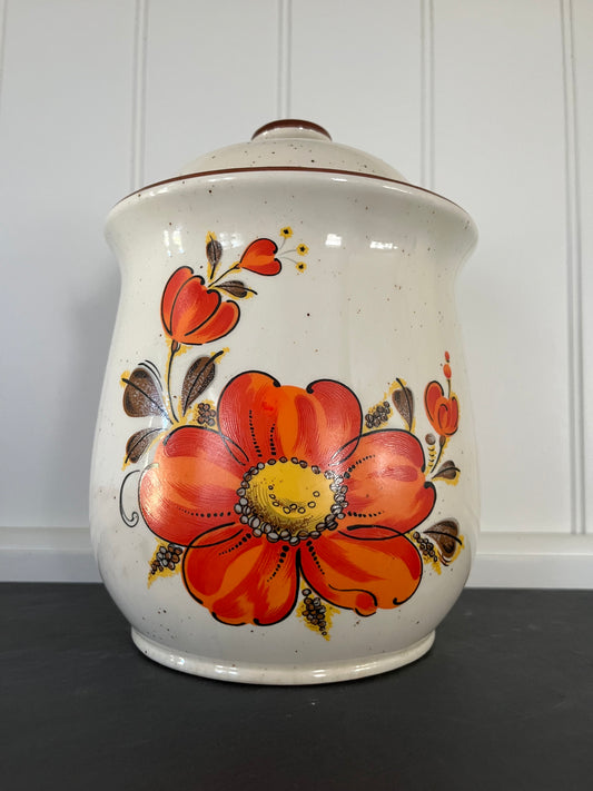 Vintage 1970s Valencia Poppy Speckled Japanese Stoneware  Floral Canister Jar with Lid | Orange Flower Kitchen Storage Crock