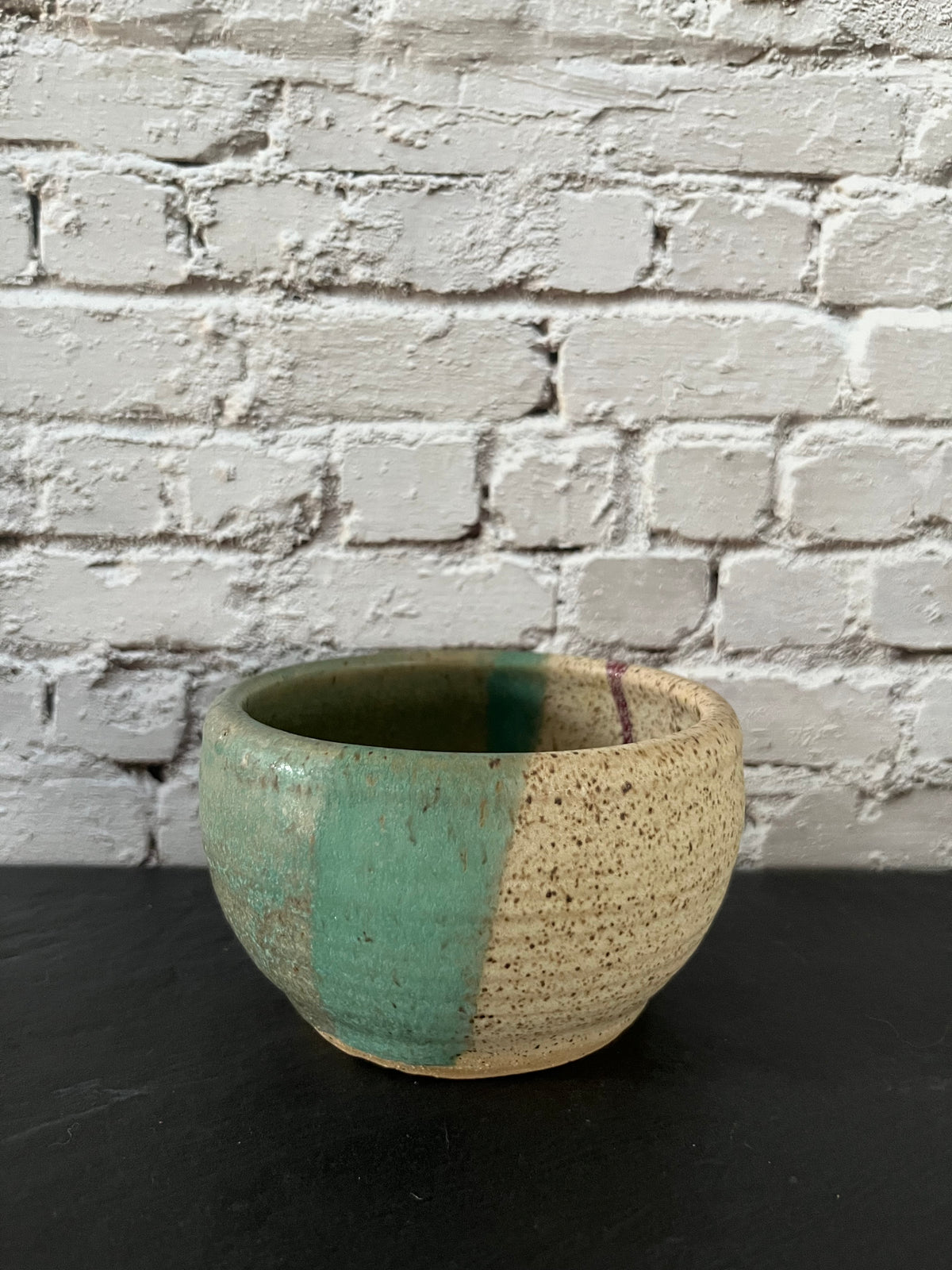 Vintage c1970s Signed Studio Pottery Bowl, Vessel | Green & Speckled Cream Handmade Ceramic