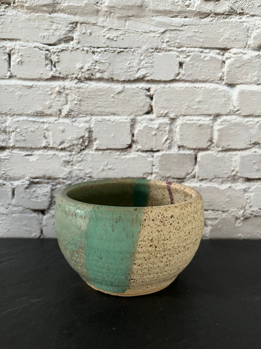 Vintage c1970s Signed Studio Pottery Bowl, Vessel | Green & Speckled Cream Handmade Ceramic