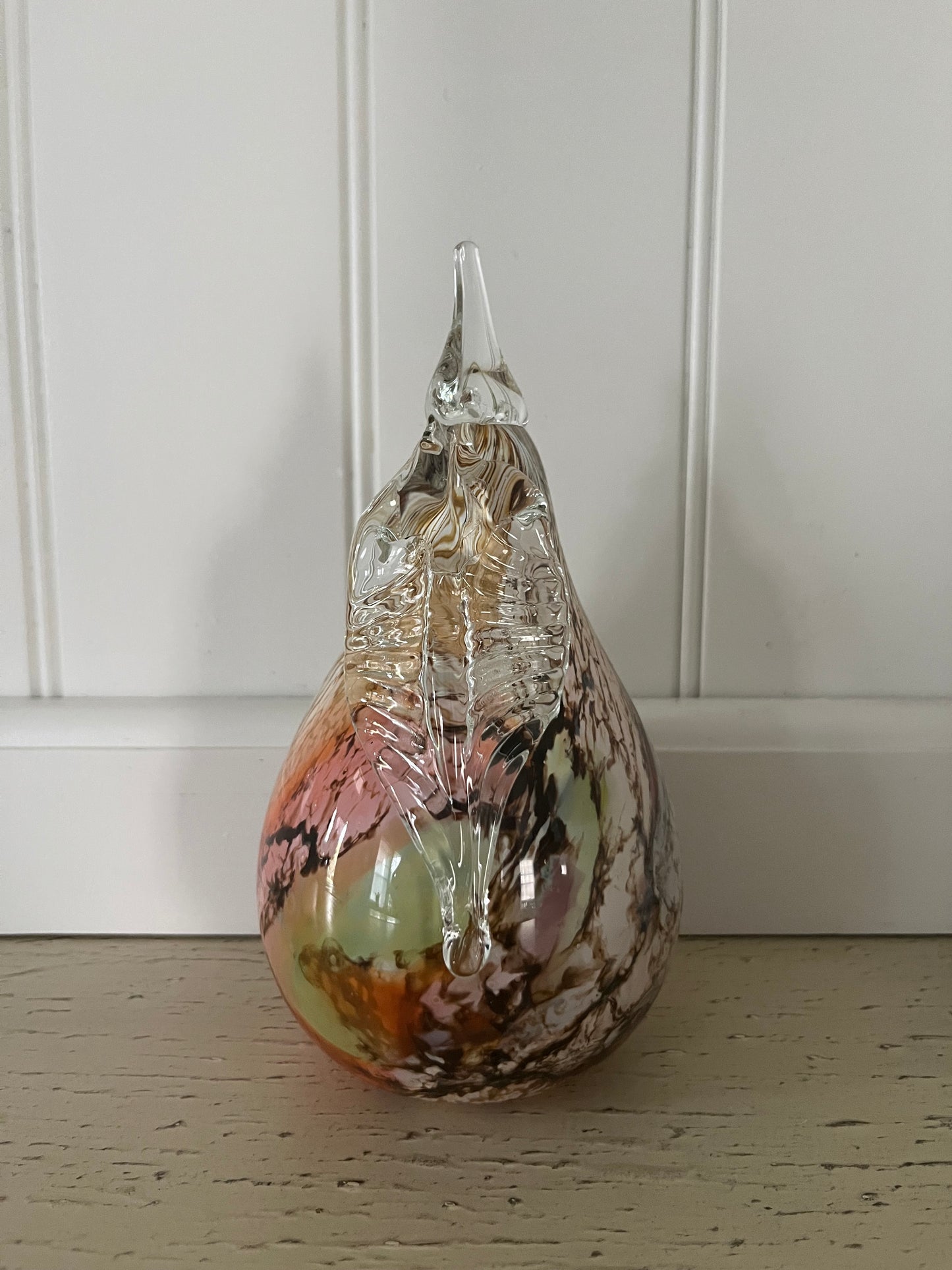 1990s Hand-Blown Art Glass Pear Sculpture – Multicolor Orange Green Brown Swirl