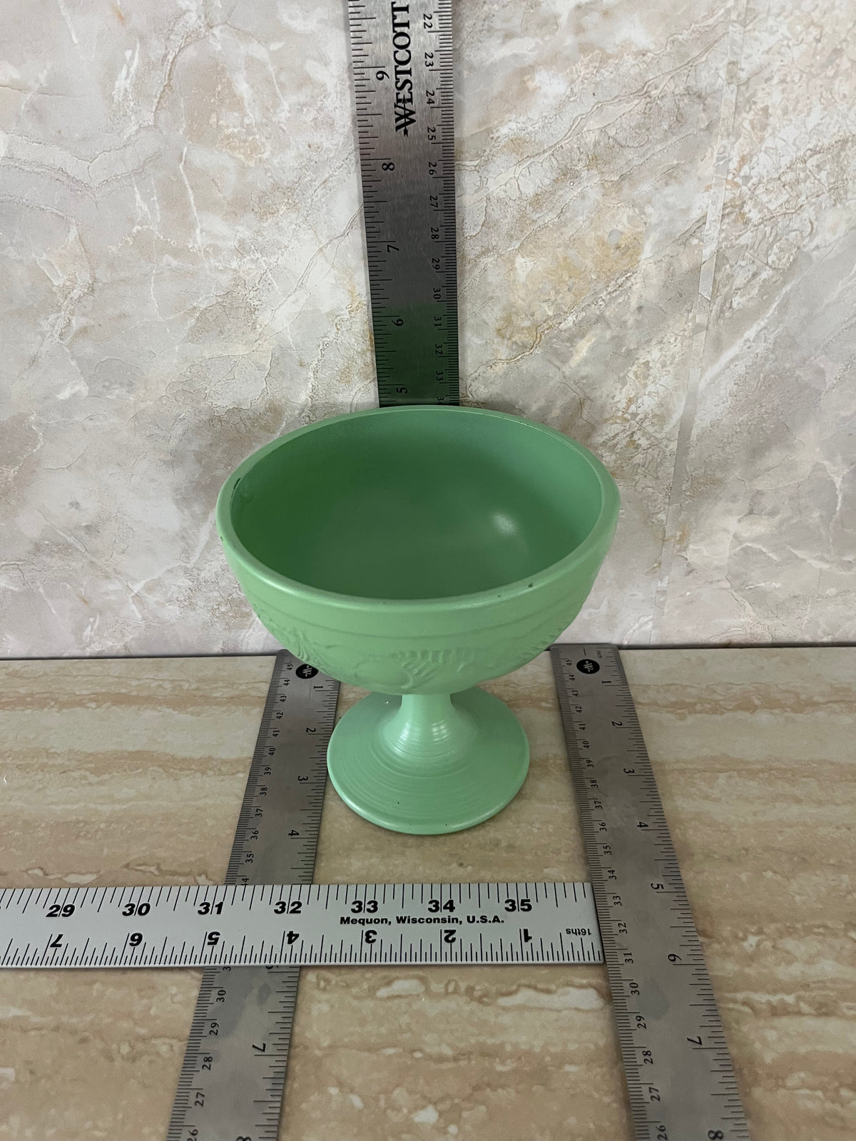 Vintage Painted Celadon Green Glass Cristal D’Arques–Durand Footed Compote | Embossed Fruit & Leaf Pedestal Bowl