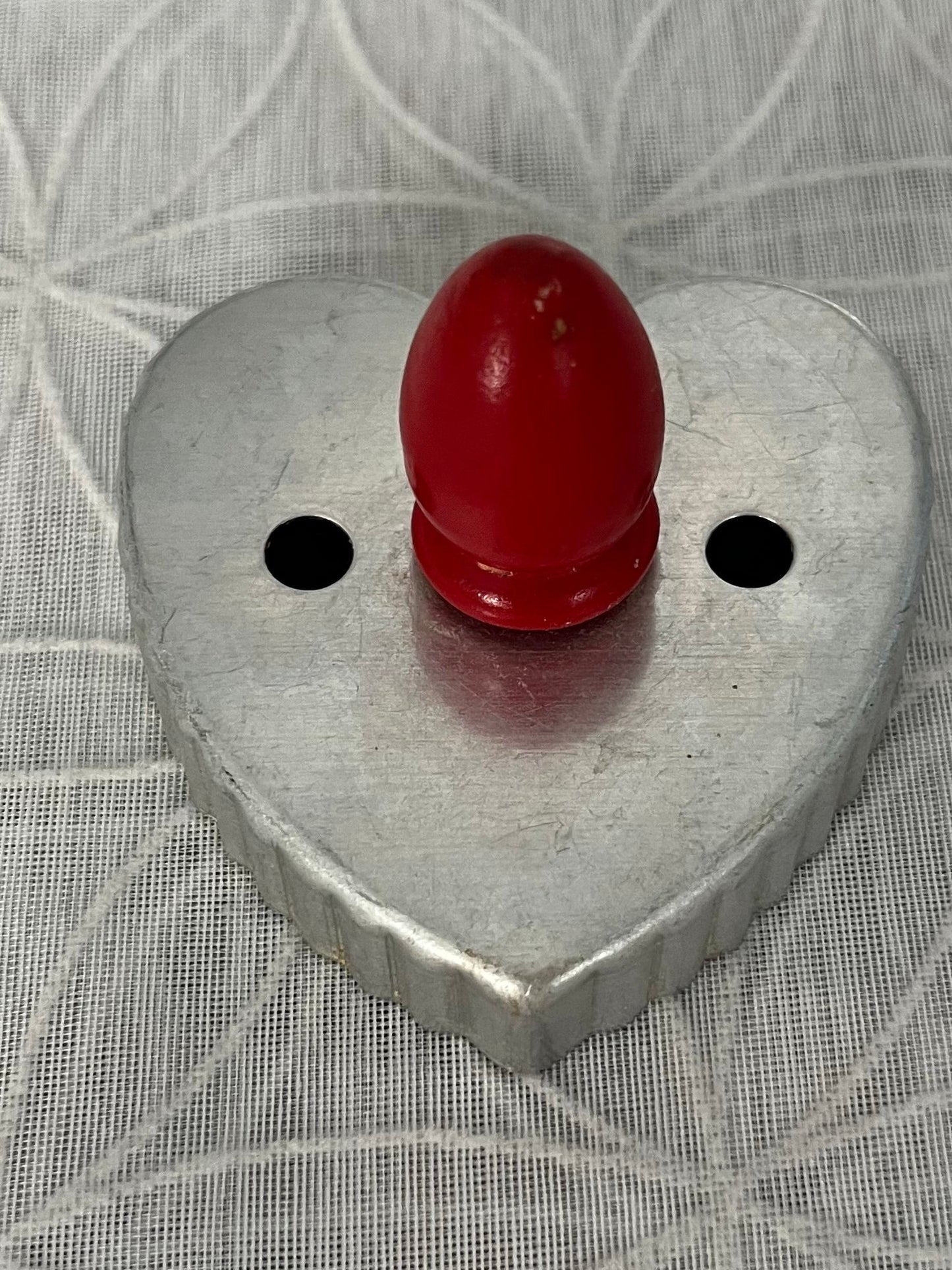 Vintage 1940s Aluminum Heart Cookie Cutter with Red Wooden Handle