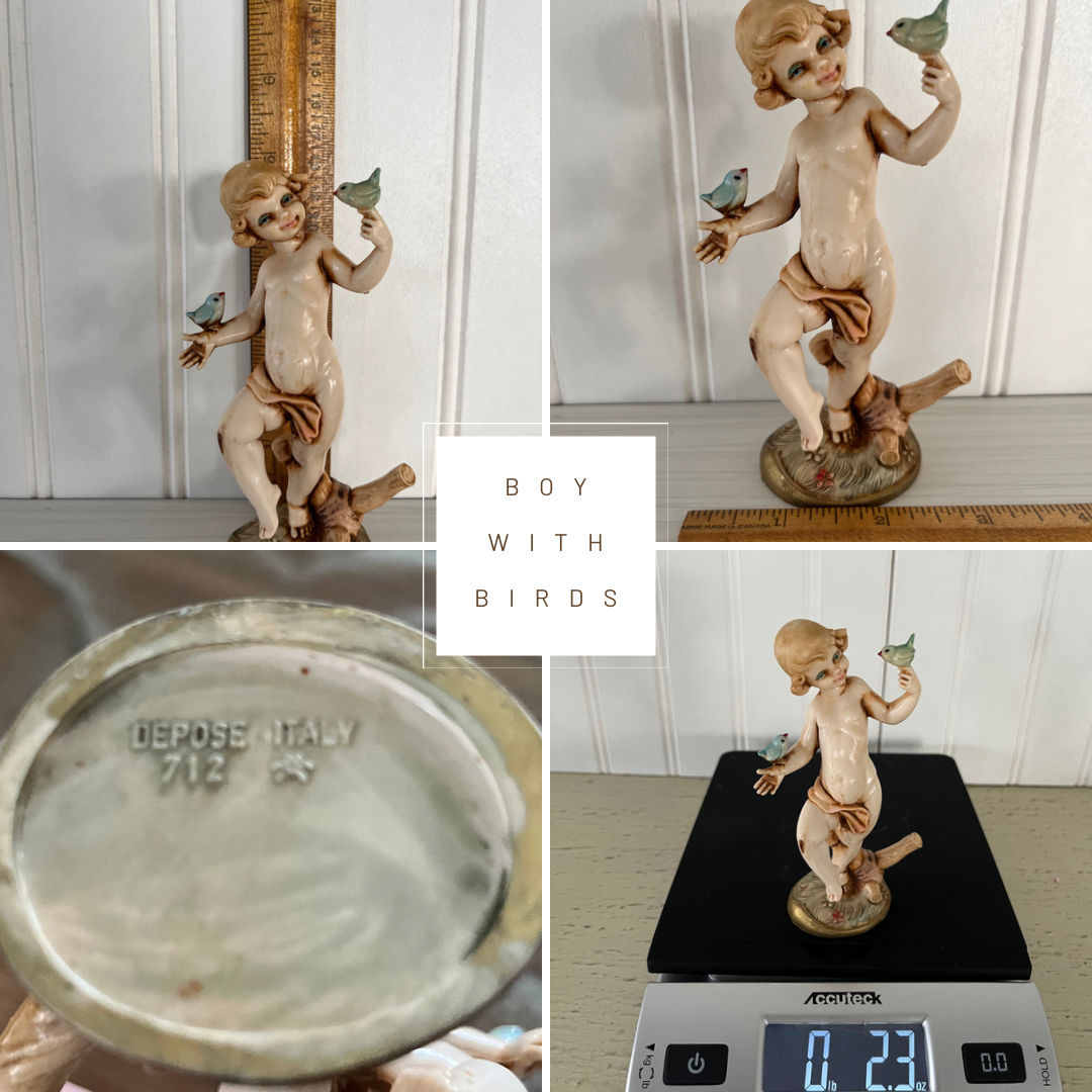 Vintage Cira 1970 ‘s Fontanini Depose 712 Handcrafted Boy With Birds Figurine with Spider Mark