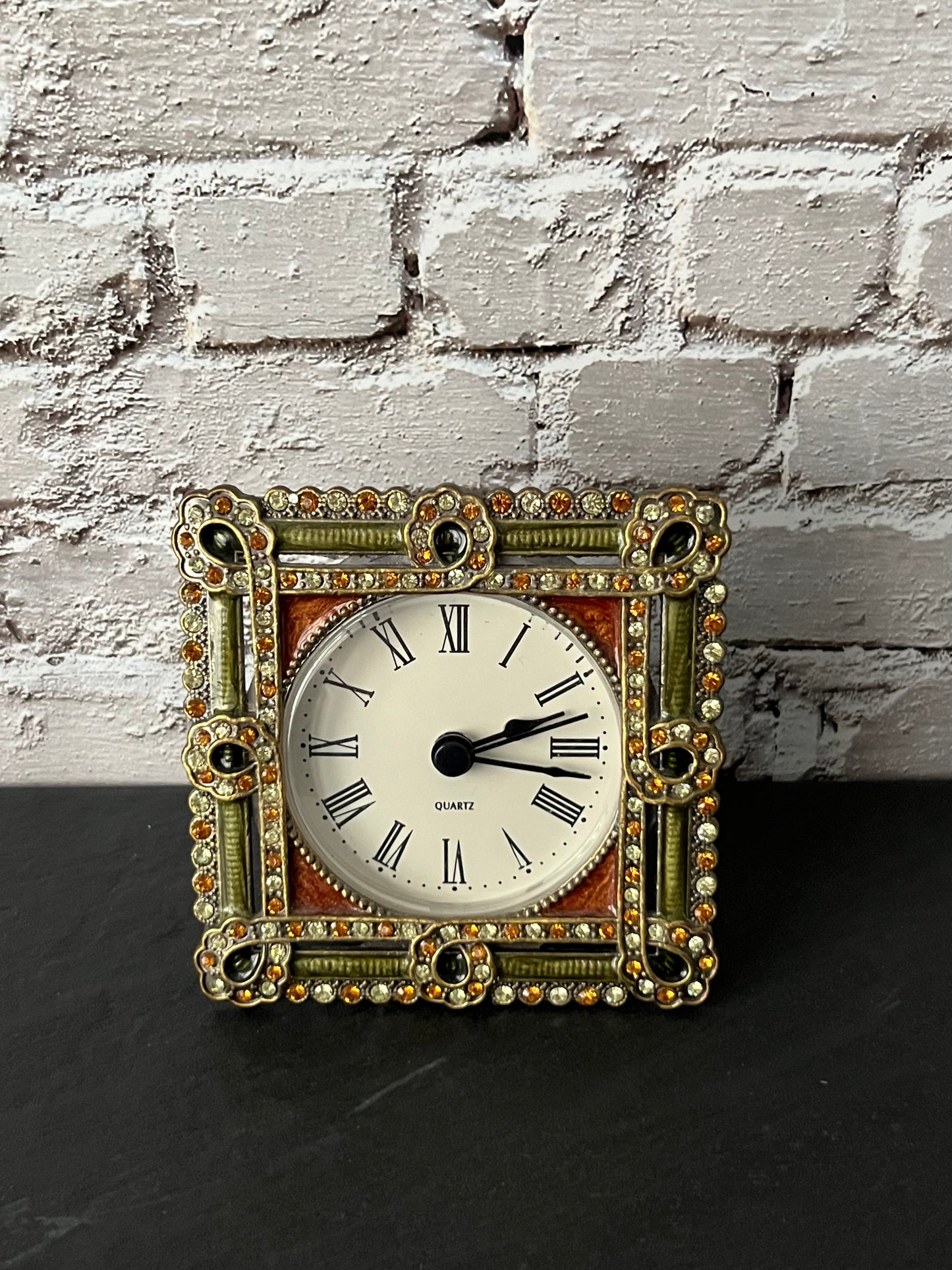 1990s Vintage Art Deco Style Jeweled Vanity Clock – Ornate Rhinestone Desk / Table Clock with Roman Numerals