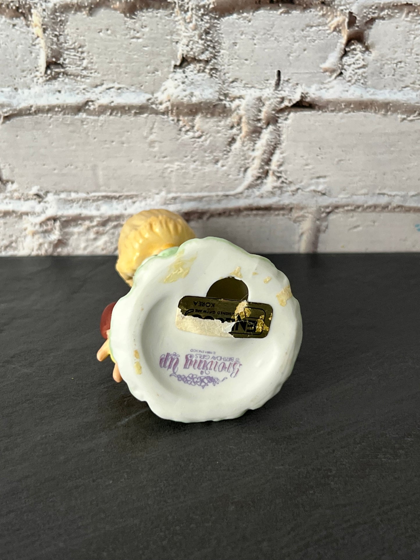 Vintage Enesco Growing Up Birthday Girls Age 3 Figurine – Bisque Porcelain Touched Up/Repaired Blonde Girl with Doll Pastel Green Dress (1980s–1990s)