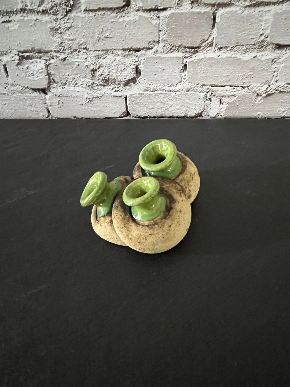 C1970s Signed Studio Pottery Triple Spout Flower Frog Bud Vase – Green Glaze Handmade Ceramic