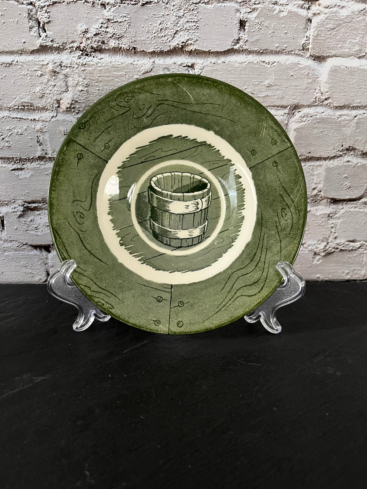 Vintage Royal China Colonial Homestead Green Saucer Plate | 1950s Wooden Bucket Churn | 6” USA