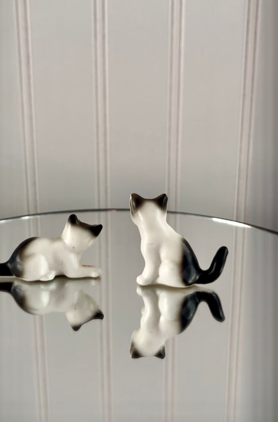 Vintage  c1960’s Kitsch Miniature Gray Black & White Kitten Figurines — Mid-Century Porcelain Cat Pair