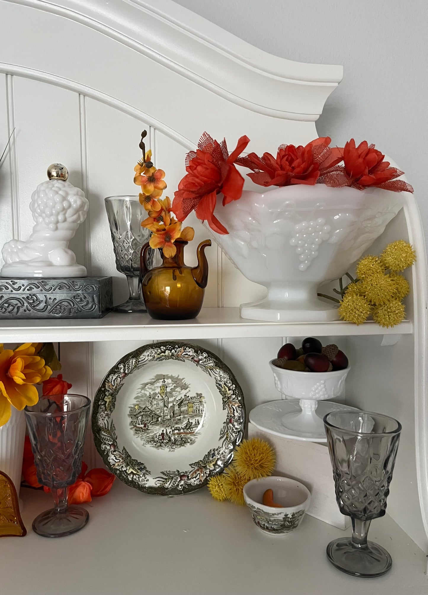 Vintage Indiana Glass “Harvest” Milk Glass Sherbet & Dessert Dish —2 Sets — Grapes & Leaves Pattern (1950s–1980s)