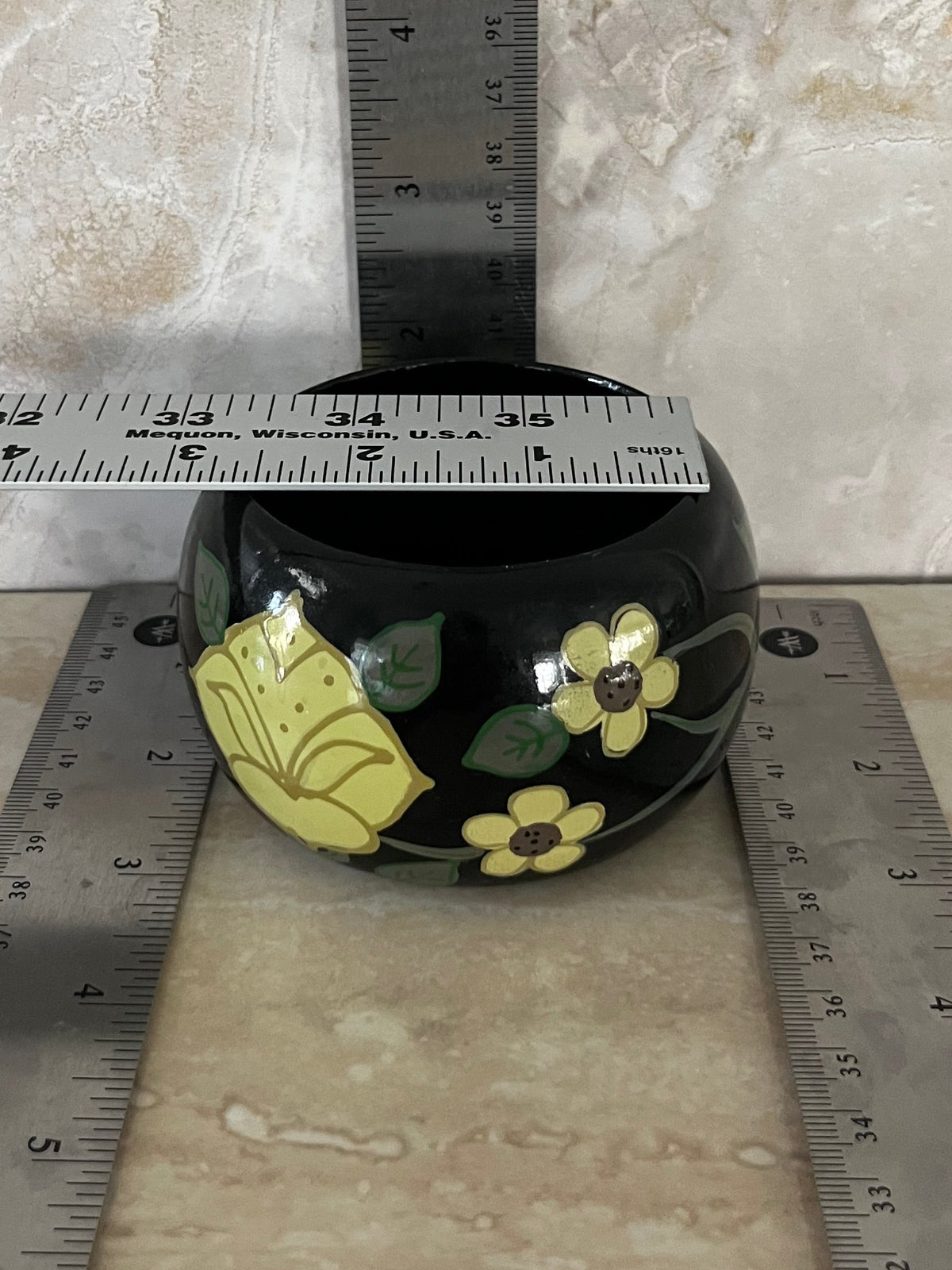 Vintage 1970s Boho Folk Art Hand-Painted Chunky Wooden Bangle Bracelet – Black & Yellow Floral Cuff – 2” small slip-on opening