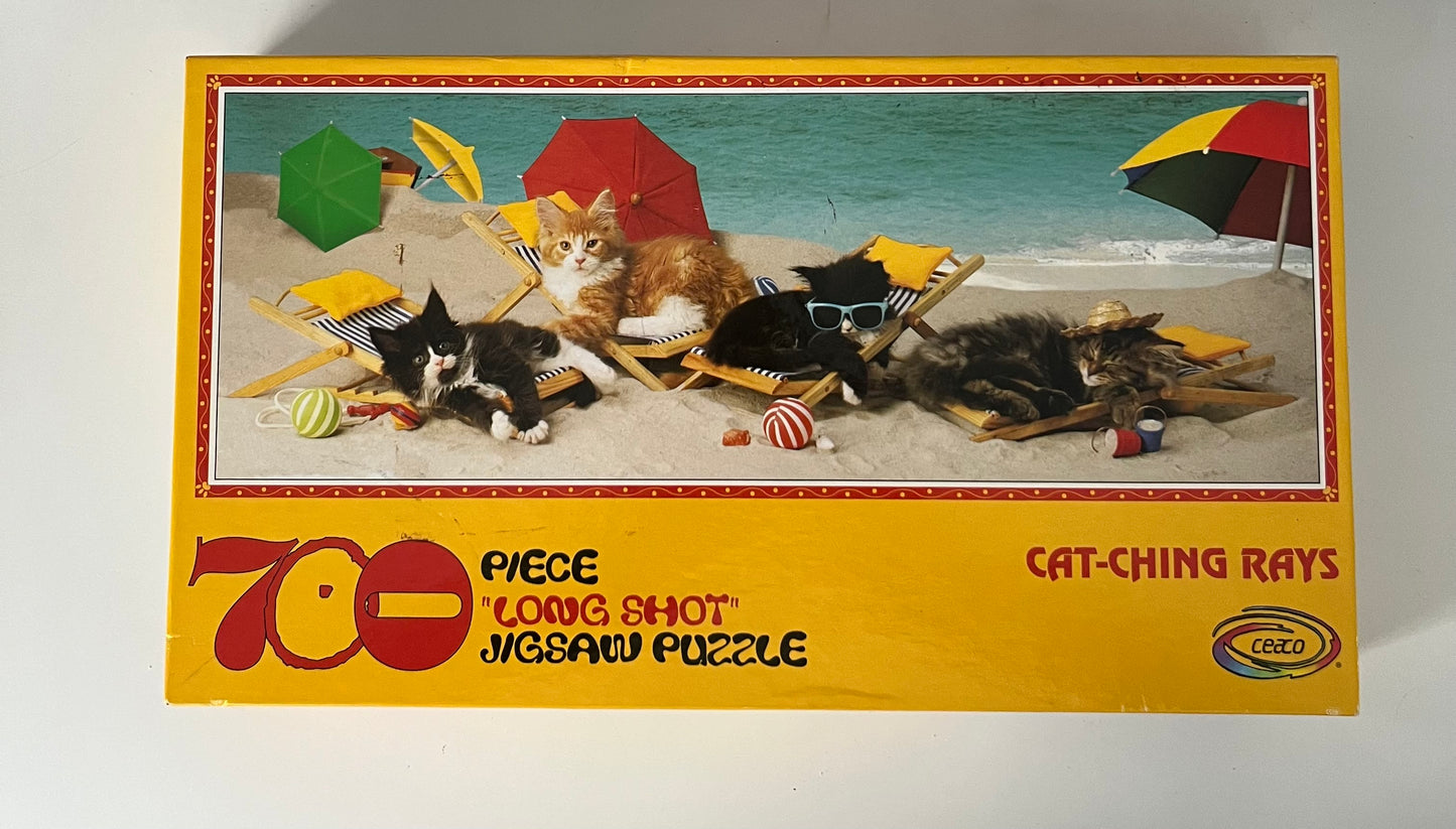Vintage Cat Beach Scene 700 Piece Late 1990s Ceaco “Cat-Ching Rays” Long Shot Jigsaw Puzzle —
