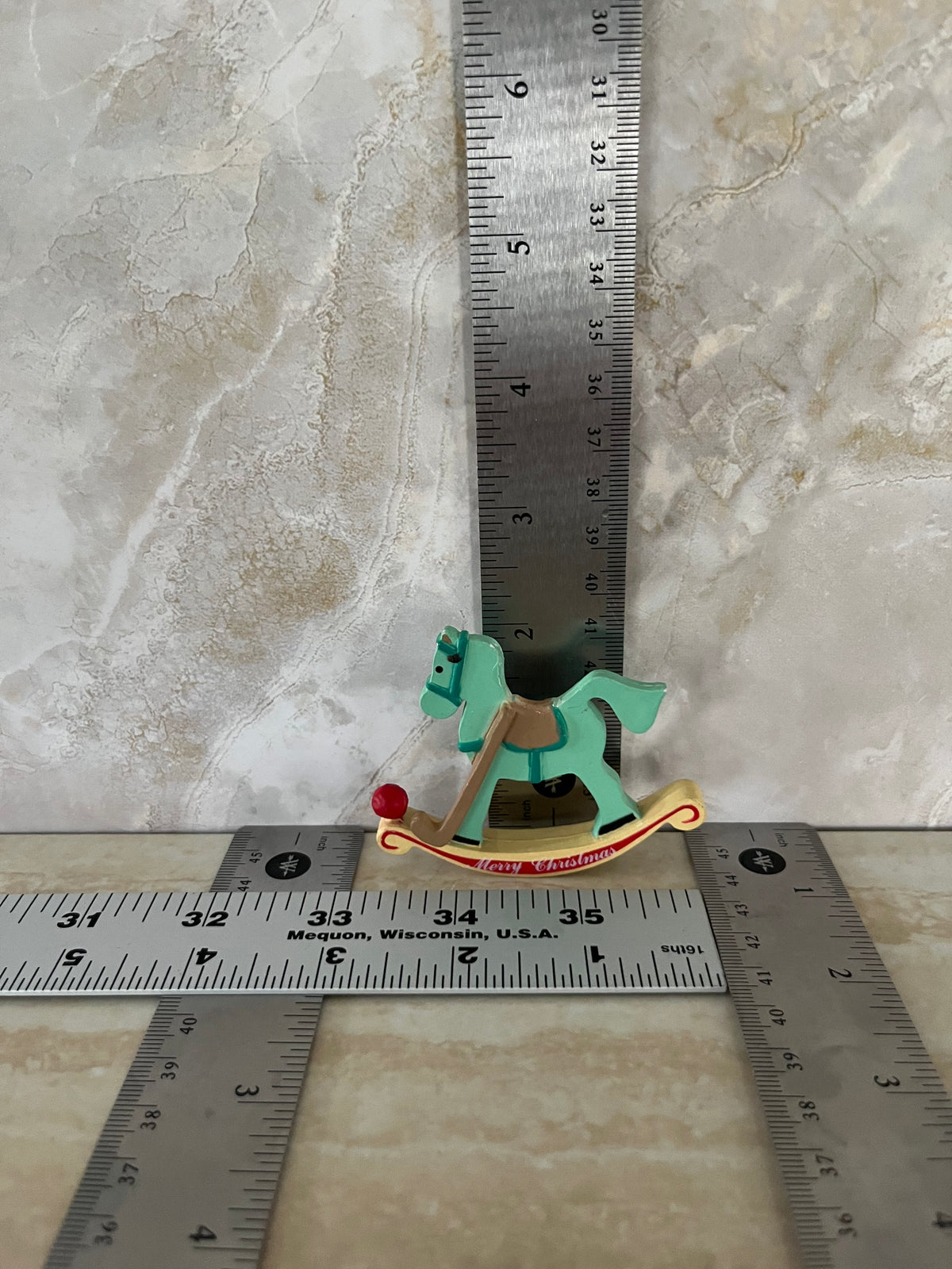 Miniature Vintage Christmas Rocking Horse Figurine – Mint Green Merry Christmas Holiday Décor – 3”