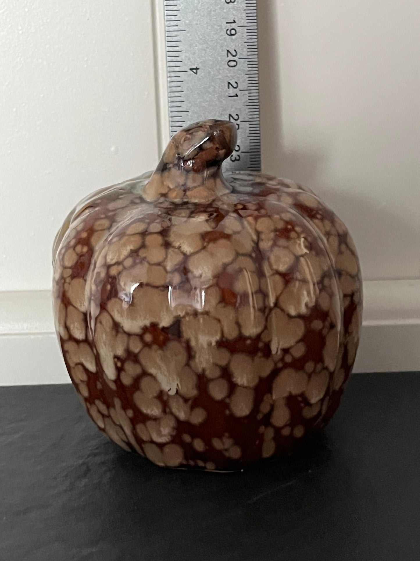 Glazed Ceramic Pumpkin – Mottled Brown & Tan Drip Glaze, Modern, 2.5” x 3.5”