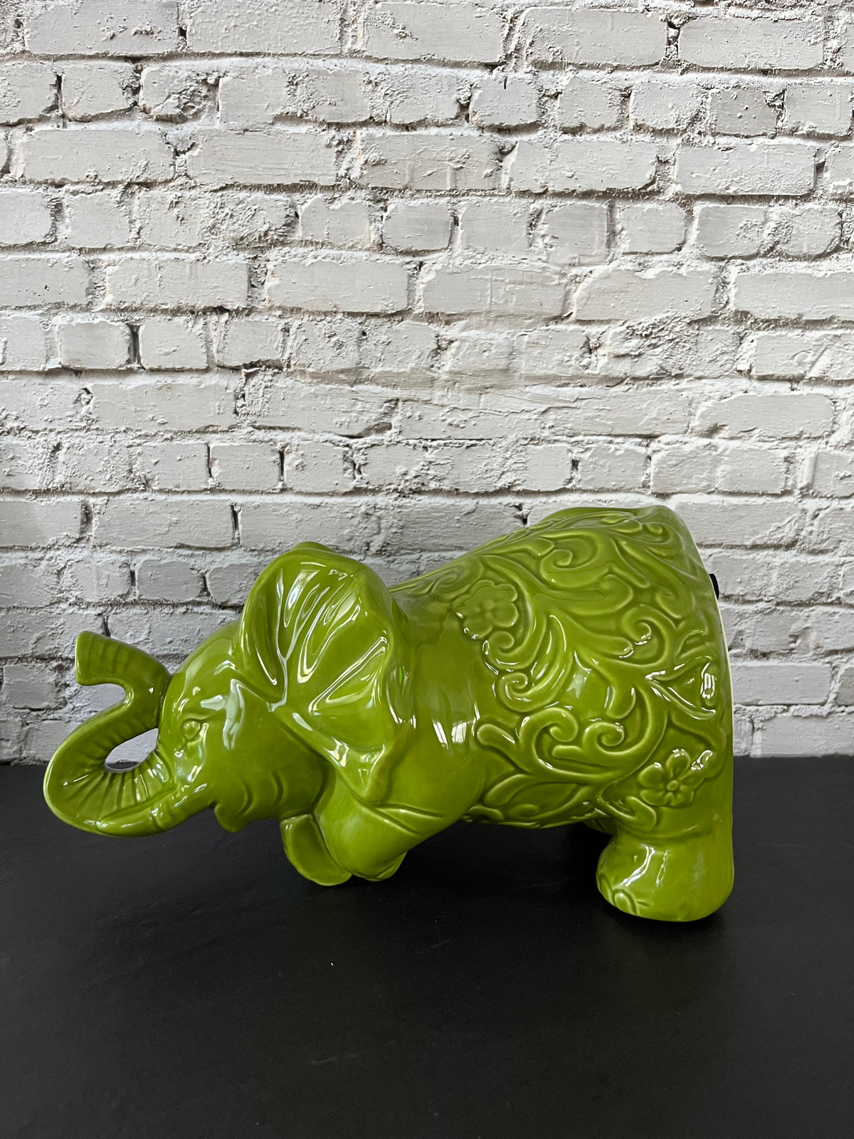 Large Lucky Trunk Green Ceramic Elephant Figurine – Floral Scrollwork Trunk-Up Décor – 11”