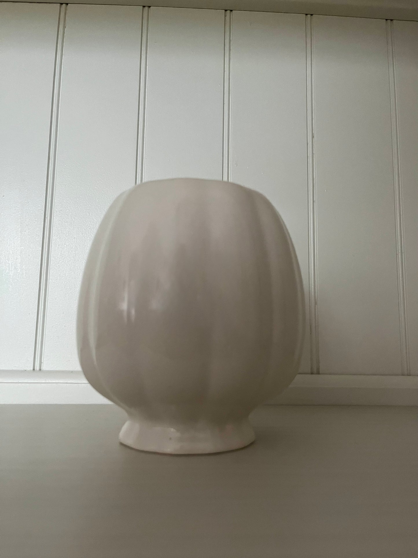 Vintage circa 1990’s  Ivory White Fluted Ceramic Vase | Rounded Cottage Pottery Vase