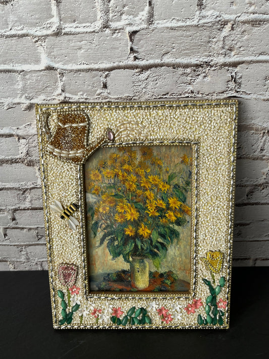 Vintage-Inspired “Fly By Night”  Floral & Honeybee Photo Frame, Ivory Cottagecore Decor, 4x6 Opening