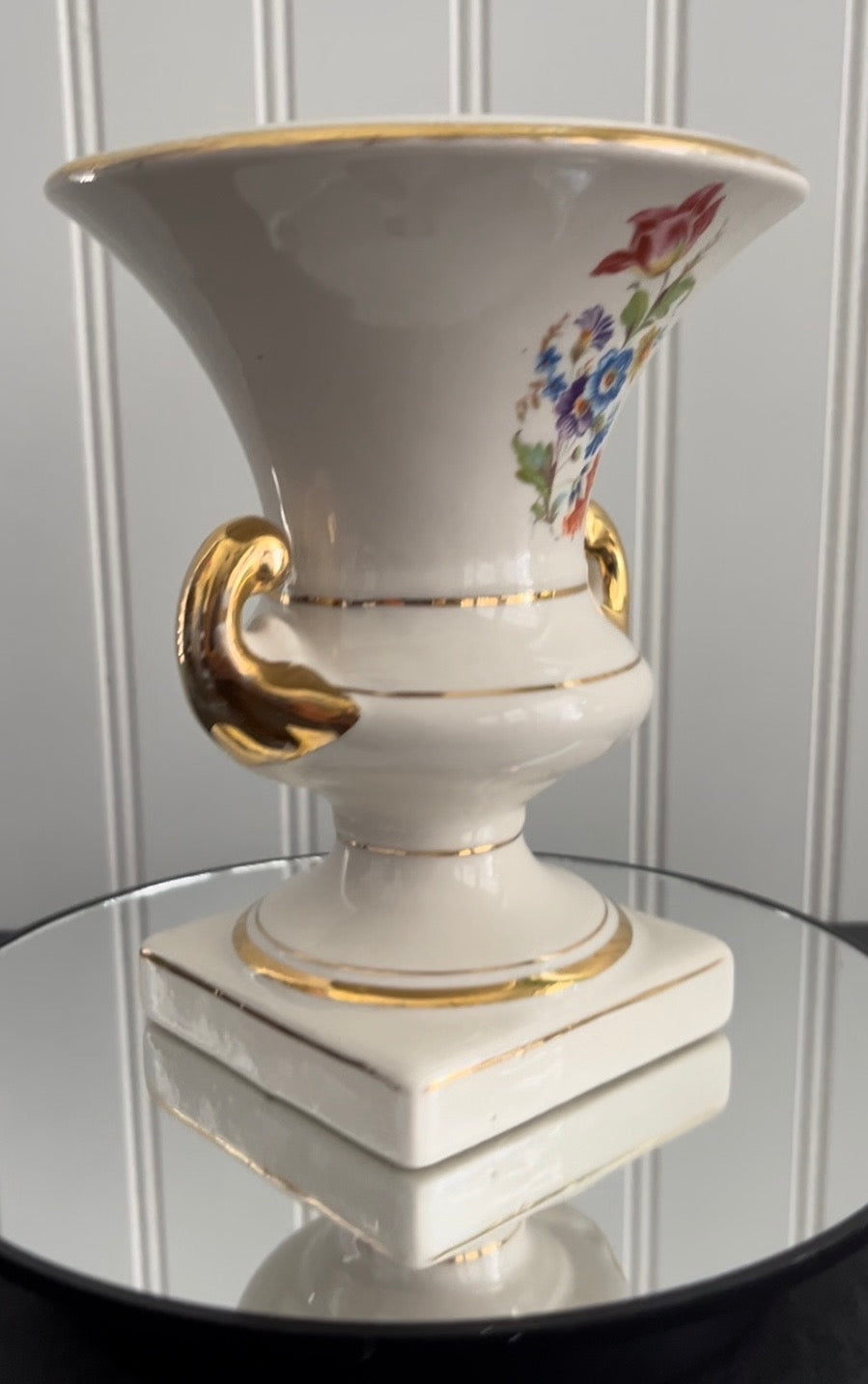 Vintage European Trophy Vase – Campana Floral Design with Gold Trim – Porcelain Urn Style with Footed Pedestal