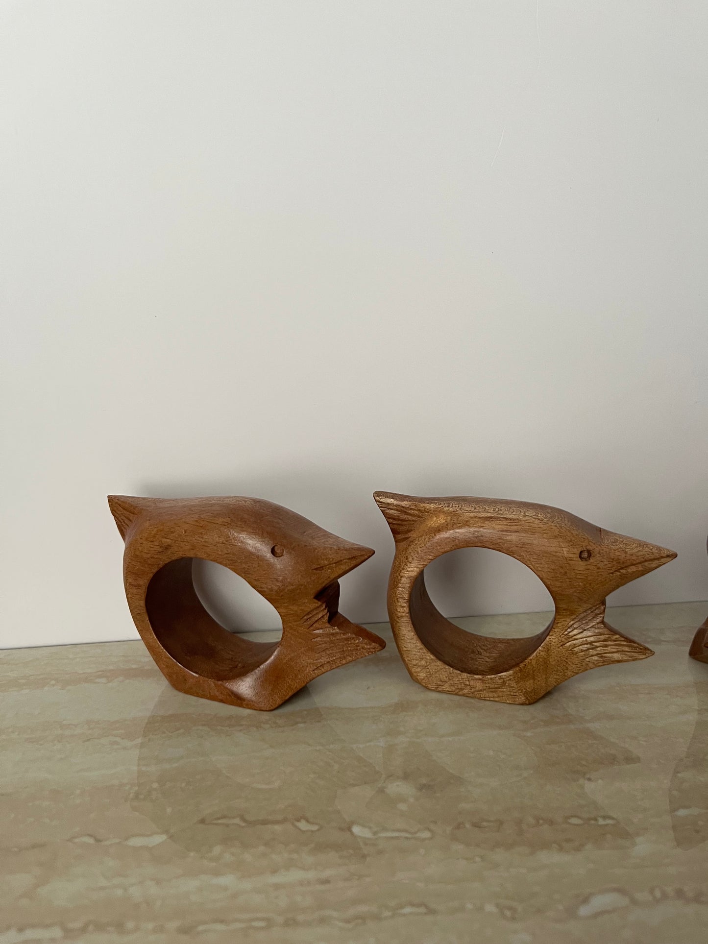 Vintage 1970s Hand-Carved Wooden Fish Napkin Rings – Sculptural Mid-Century Modern Set of 4