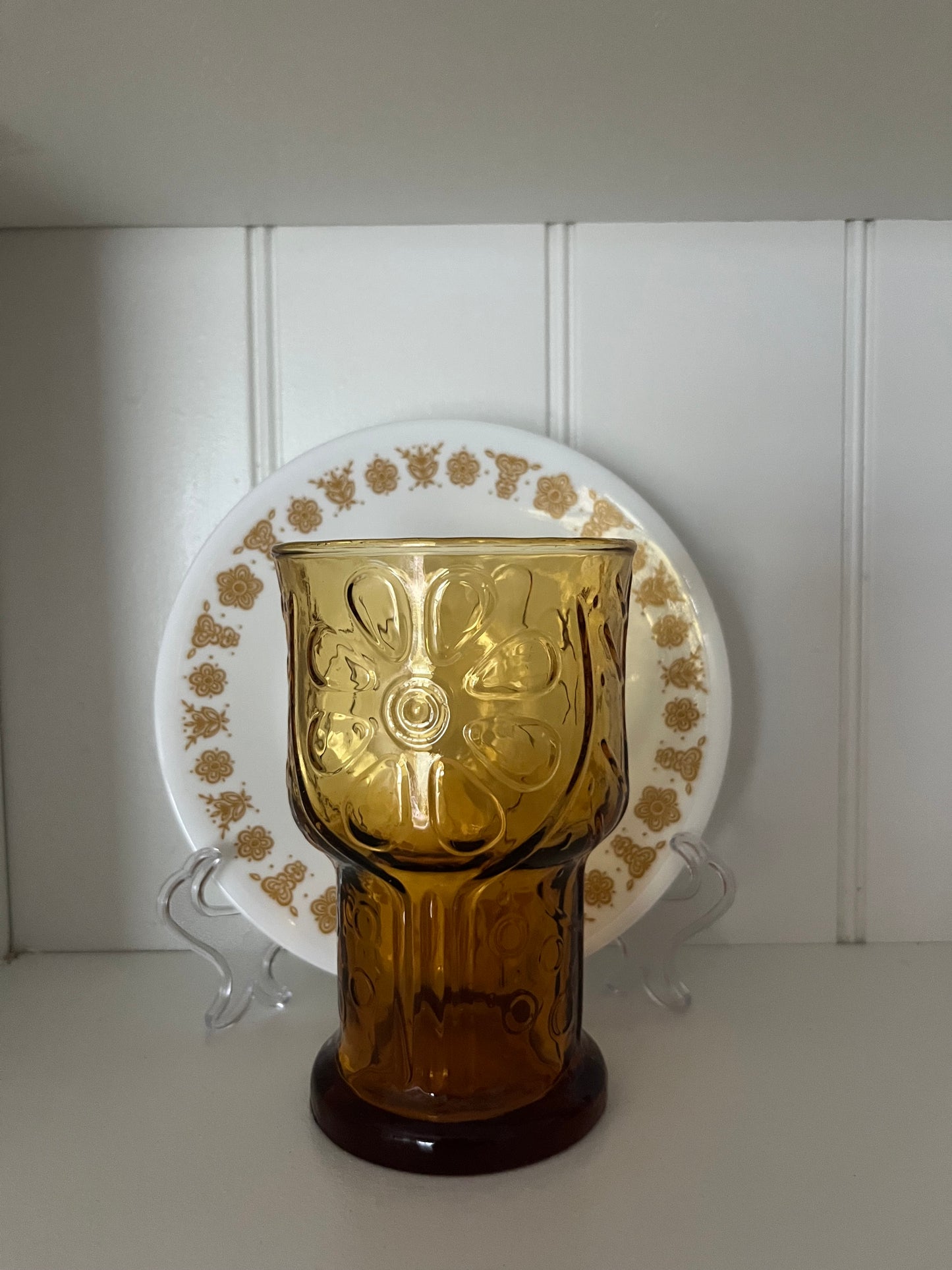 Vintage Libbey “Country Garden” Amber Daisy Water Tumblers – 5” Pressed Glass (Set of 2) | c. 1970s