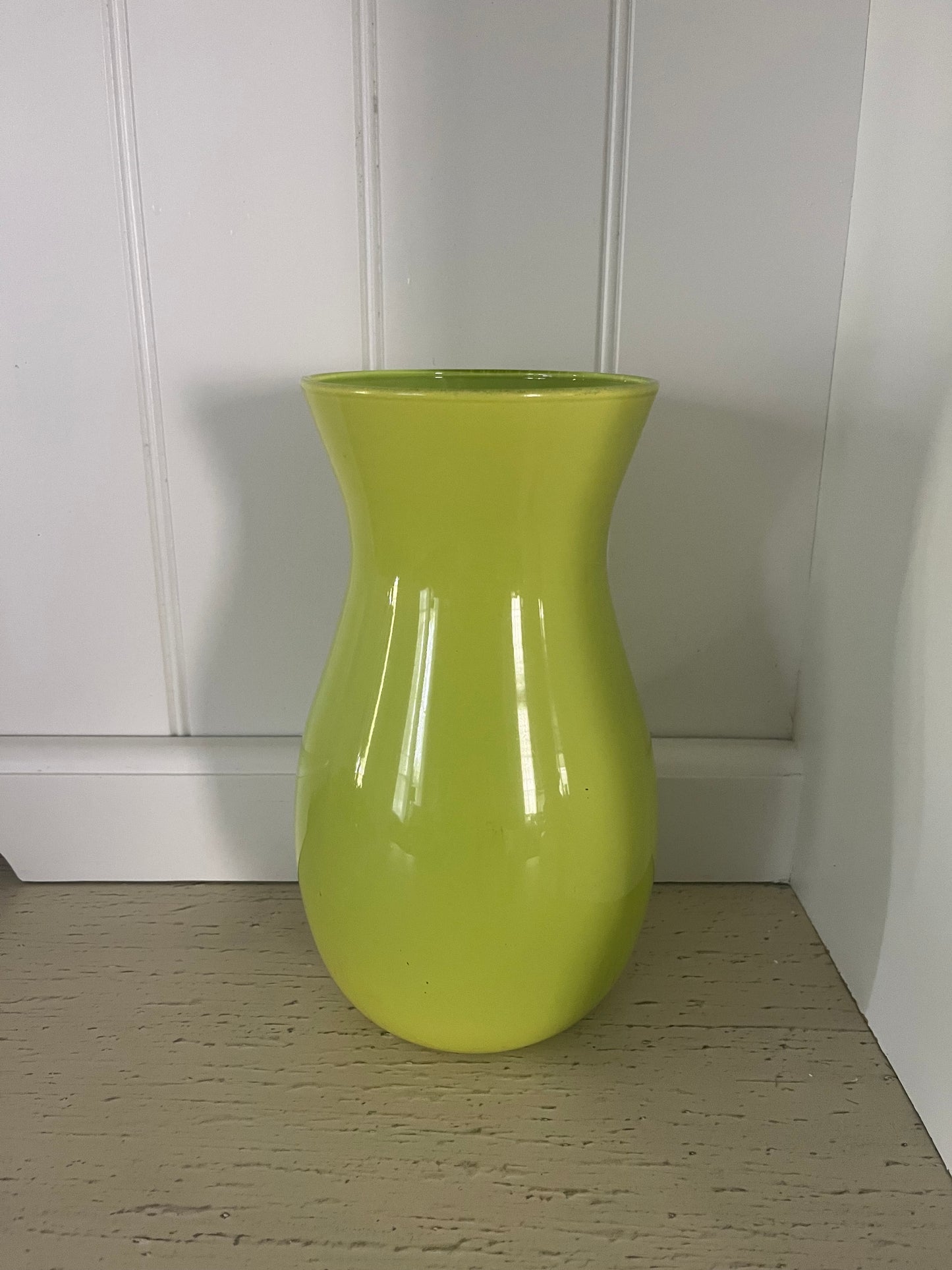 Lime Green Hourglass Glass Vase – Retro Modern Floral Accent (c. 2000s)