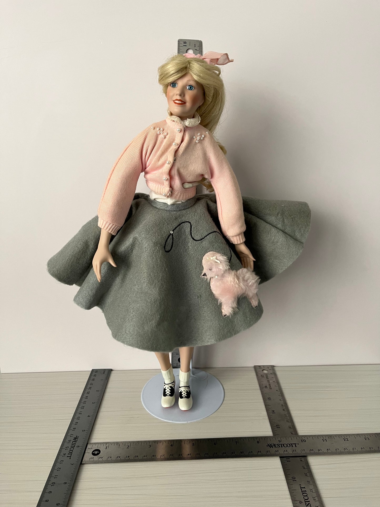 Vintage 1991 “Peggy Sue” Porcelain Collector Doll by Edwin M. Knowles – 16” Tall with Poodle Skirt & Pink Cardigan