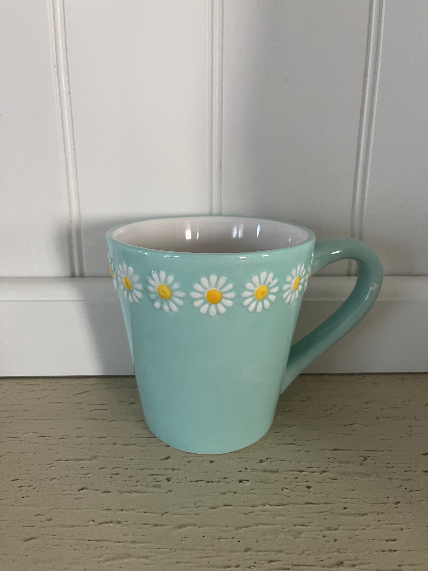 2000s “Connections” Aqua Daisy Stoneware Mug – Embossed Floral Border