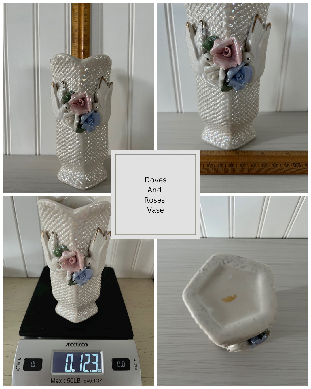 Vintage Applied Doves & Flowers Iridescent Porcelain Vase