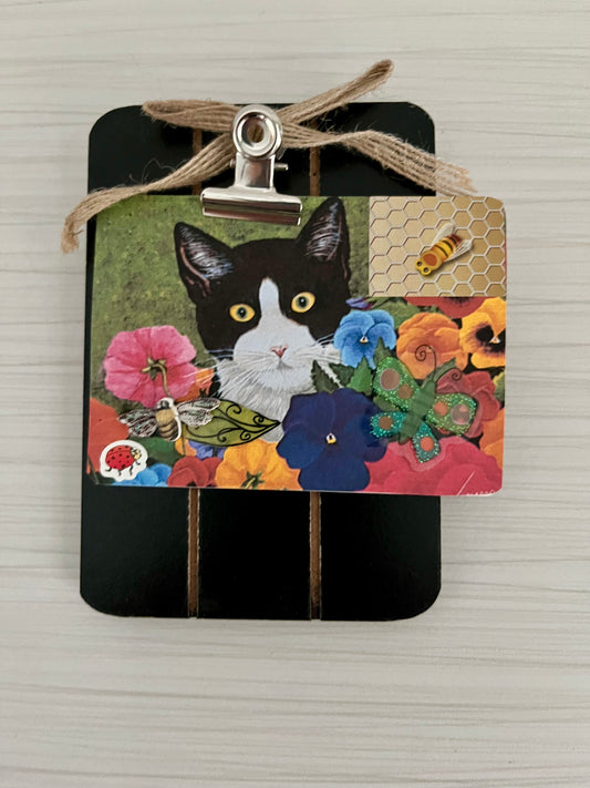 Original Tuxedo Cat ACEO Mixed Media Art on Black Display Board