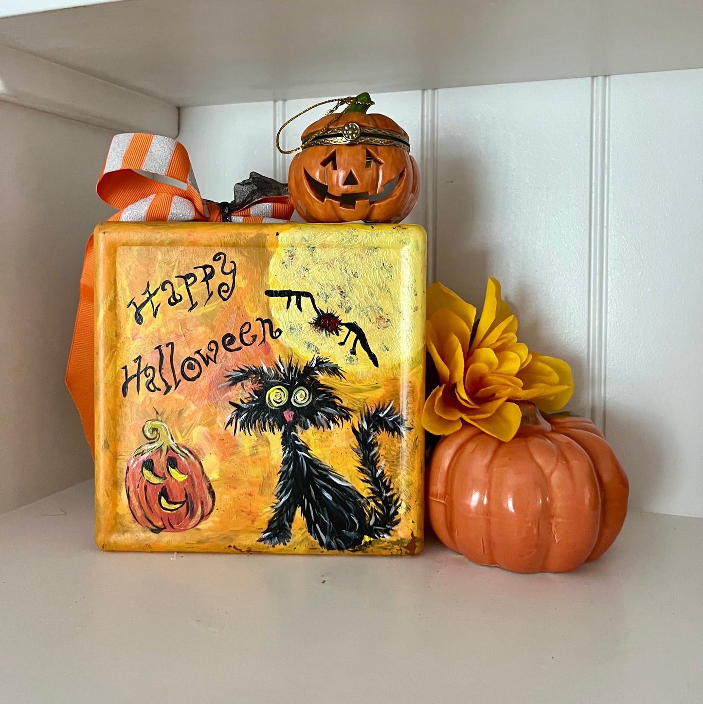 Hand-Painted “Happy Halloween” Glass Block Décor with Cat, Moon & Pumpkin | Contemporary Folk Art Holiday Accent | c. 2000s