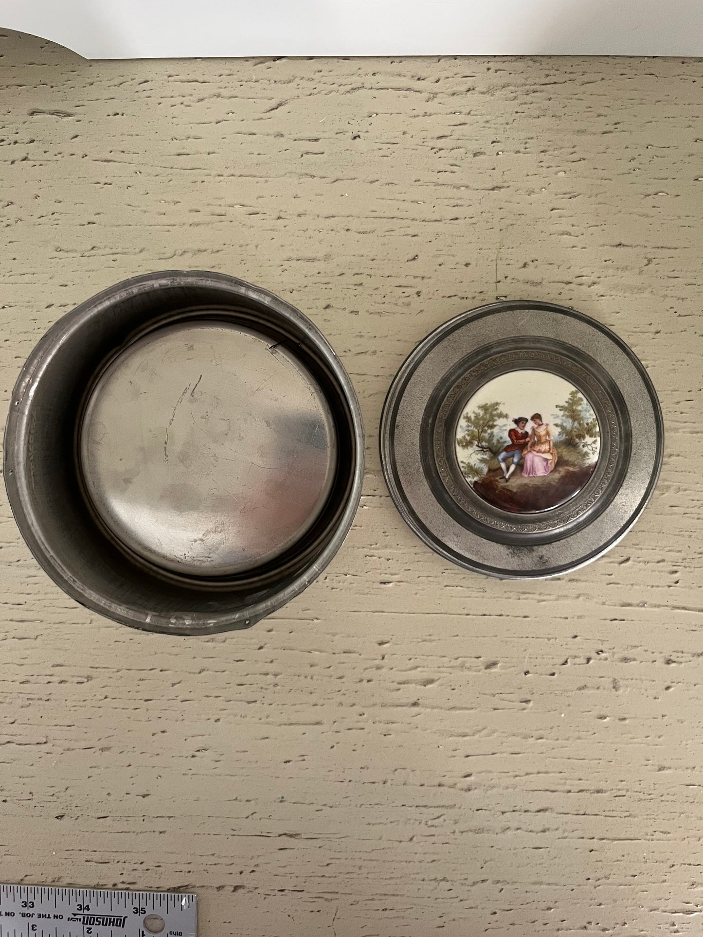 1920’s Lador Style Antique Pewter Vanity Powder Jar, Box  with Etching & Romantic Regency, Gilded Age, Romantic European Couple,  Porcelain Lid Insert