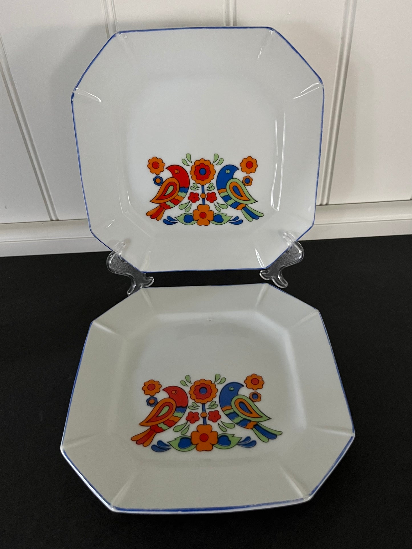 Vintage 1970s Japanese Folk Art Bird Dessert Plates | Floral Octagonal Set of 2