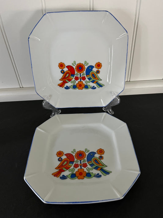 Vintage 1970s Japanese Folk Art Bird Dessert Plates | Floral Octagonal Set of 2
