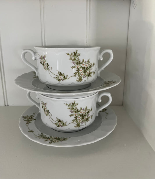 Vintage c. 1950s Eschenbach Bavaria Green Vines Cream Soup Bowls & Saucers Set of 2 | Cottagecore Porcelain Serveware