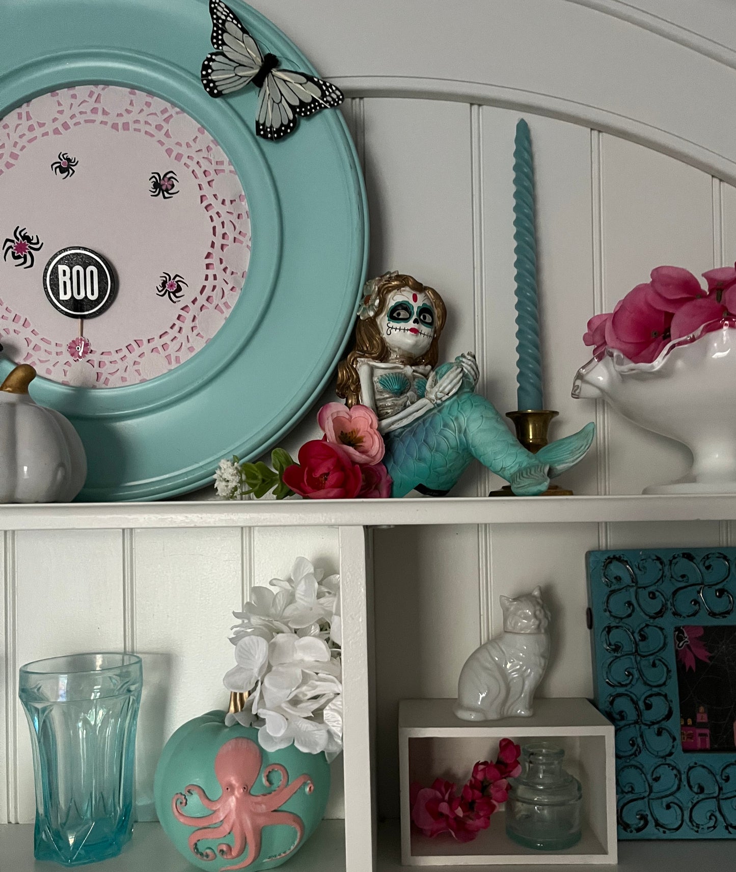 Hand-Painted Coastal Octopus Pumpkin | Aqua & Pink Nautical Decor (2010s)