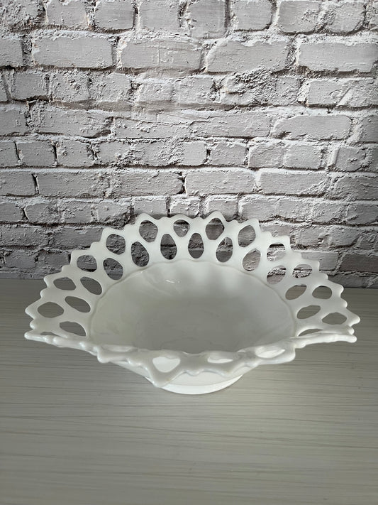 Vintage 1950s Westmoreland Doric Milk Glass Open Lace Edge Compote Banana Boat Bowl – Reticulated Rim