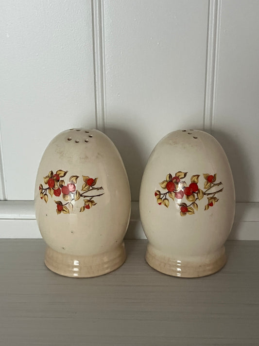 Vintage Cream Oval Egg Ceramic Bittersweet Salt & Pepper Shakers by Universal Cambridge Red Flower 1940's