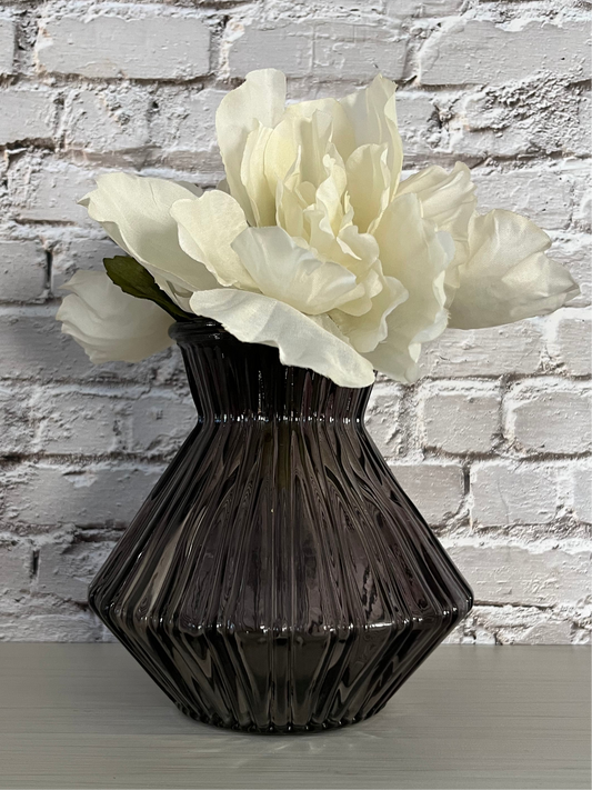 Vintage 1950s–60s Charcoal Black Glass Atomic Vase – Mid Century Modern Ribbed Diamond Form