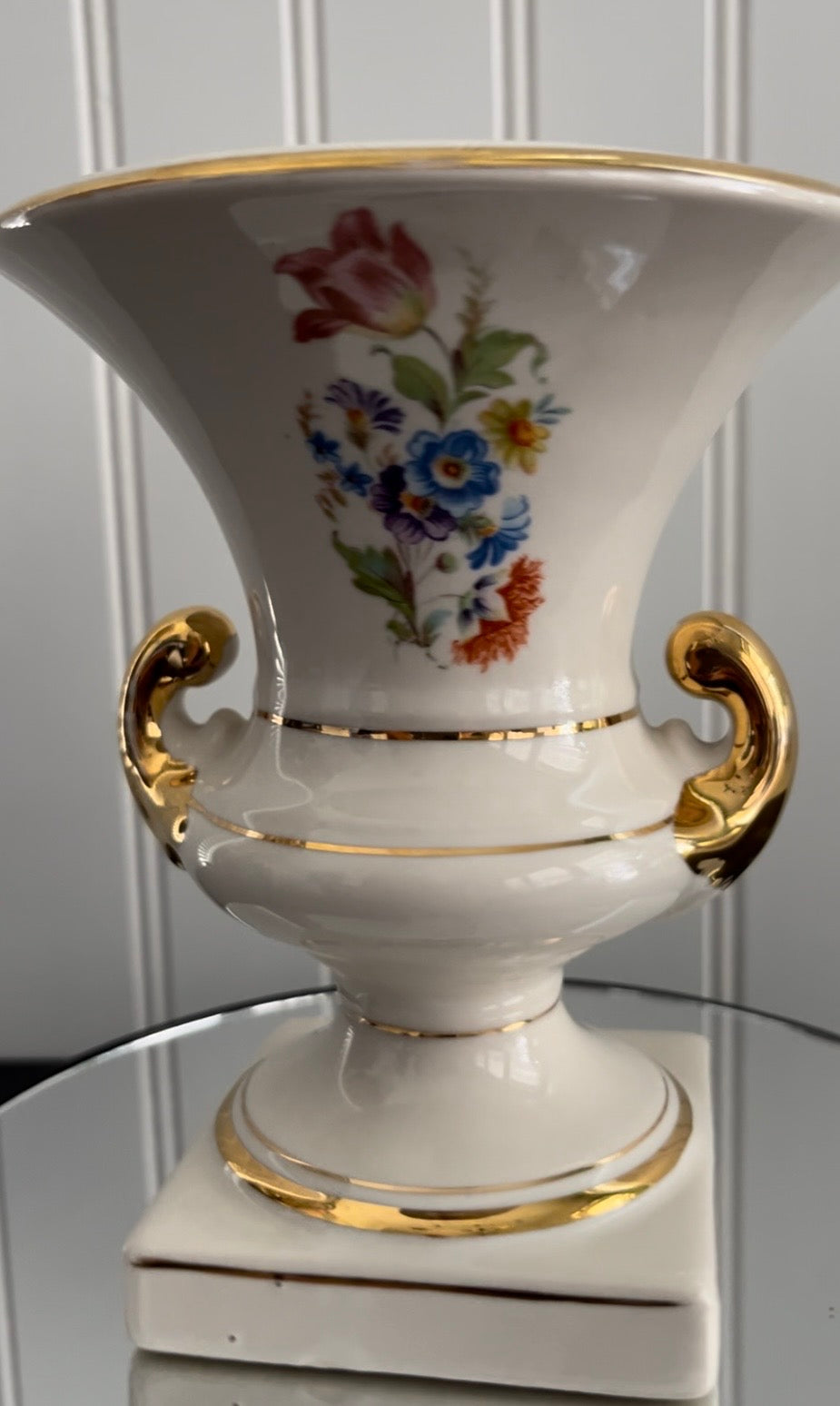 Vintage European Trophy Vase – Campana Floral Design with Gold Trim – Porcelain Urn Style with Footed Pedestal